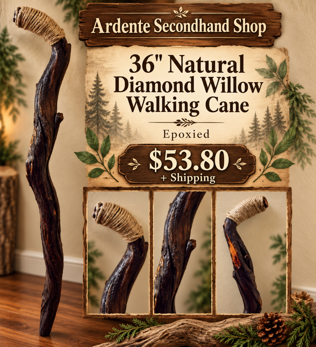 36-inch dark Diamond Willow walking cane with cord-wrapped curved handle